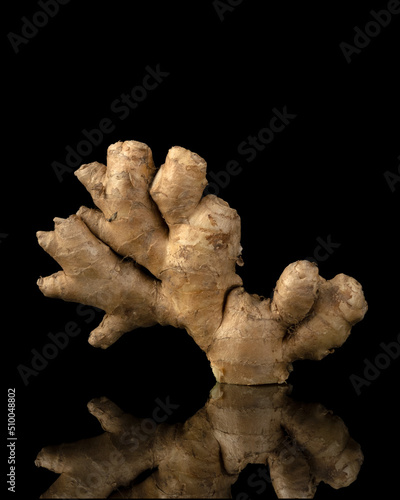 Fresh ginger root on black background with reflection