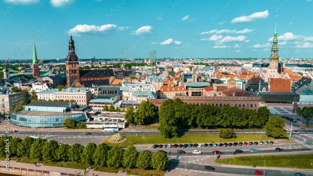 Aerial hyperlapse of the Riga city - the capital of Latvia. Beautiful ...