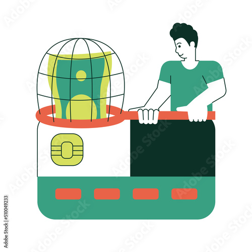 Cashback to a bank card. An abstract man is using a hand net to return money to a credit card.