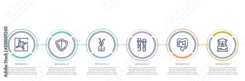 concept infographic design template. included pandemic, shield, headache, blood sample, intestine, safety suit icons and 6 option or steps.