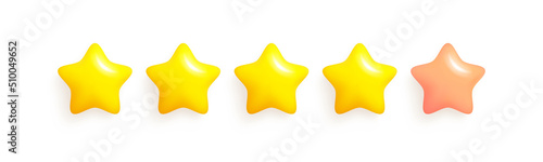 Five stars  glossy yellow and pink colors. Customer rating feedback concept from the client about employee of website. Realistic 3d design of the object. For mobile applications. Vector illustration