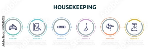 housekeeping concept infographic design template. included torch helmet, window cleaner, balance ruler, mop, grinder hine, wet floor icons and 6 option or steps.