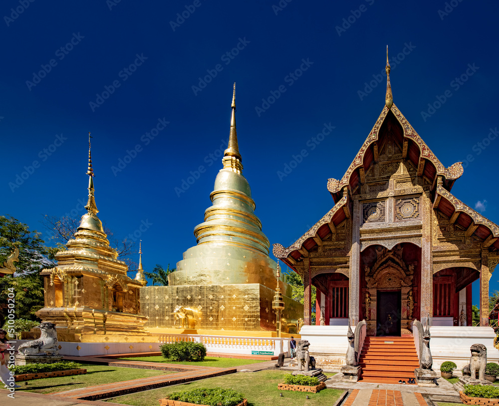The golden temple and pagoda at Wat Phra Sing, Chiengmai. Thailand>