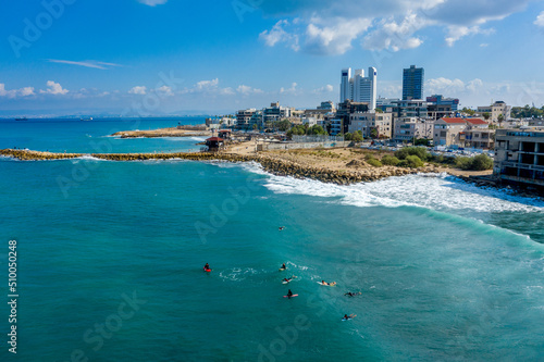 Drone view from the sea of ​​the Carmel mountain and  Bat Galim neighborhood , Haifa. © luciano