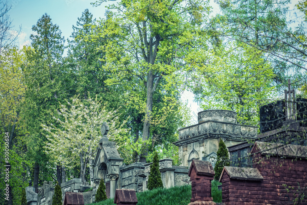 Lychakiv Cemetery with antique tombstones in Lviv, Ukraine. Ancient sadness churchyard in spring woods, selective focus