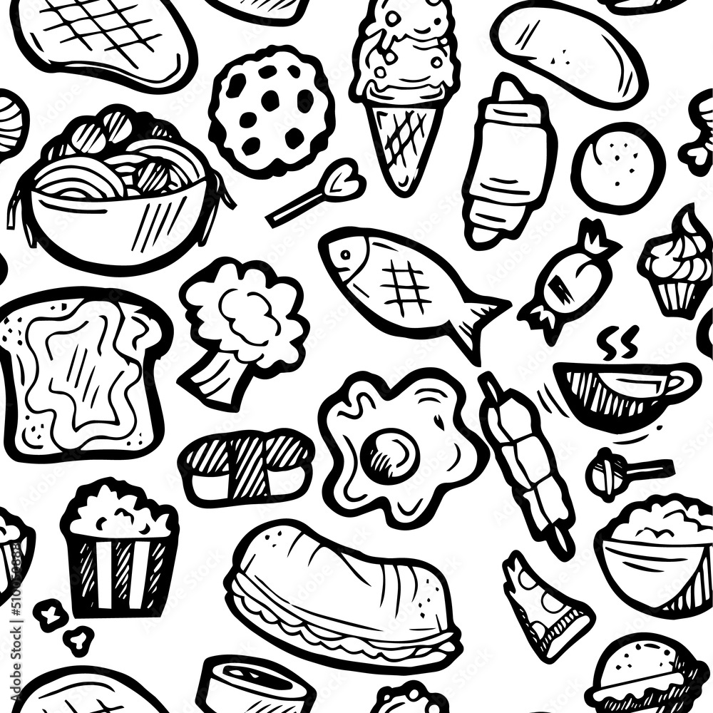 Set of food. Baking buns and meat dishes. Hand drawing outline. Isolated on white background. Monochrome drawing. Vector Set of food. Baking buns and meat dishes. Hand drawing outline. Isolated on white background. Monochrome drawing. Vector