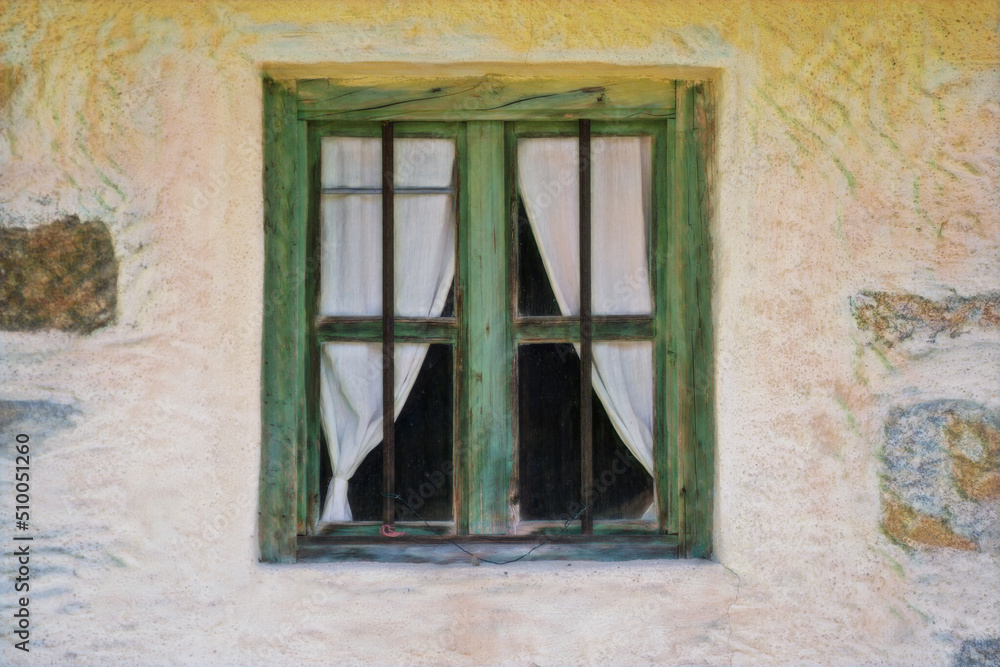 Aged wooden window with glazing and partially weathered in rustic homes