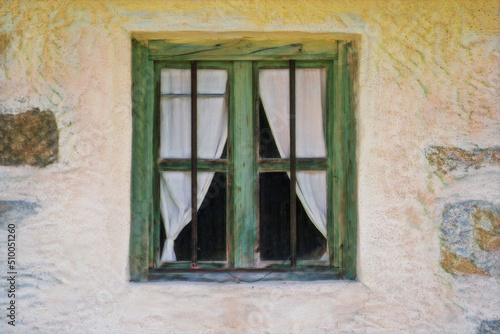 Aged wooden window with glazing and partially weathered in rustic homes