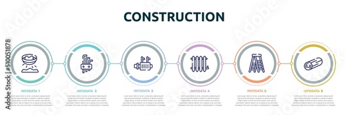 construction concept infographic design template. included panning, allen keys, starter, radiator, stepladder, woods icons and 6 option or steps. photo