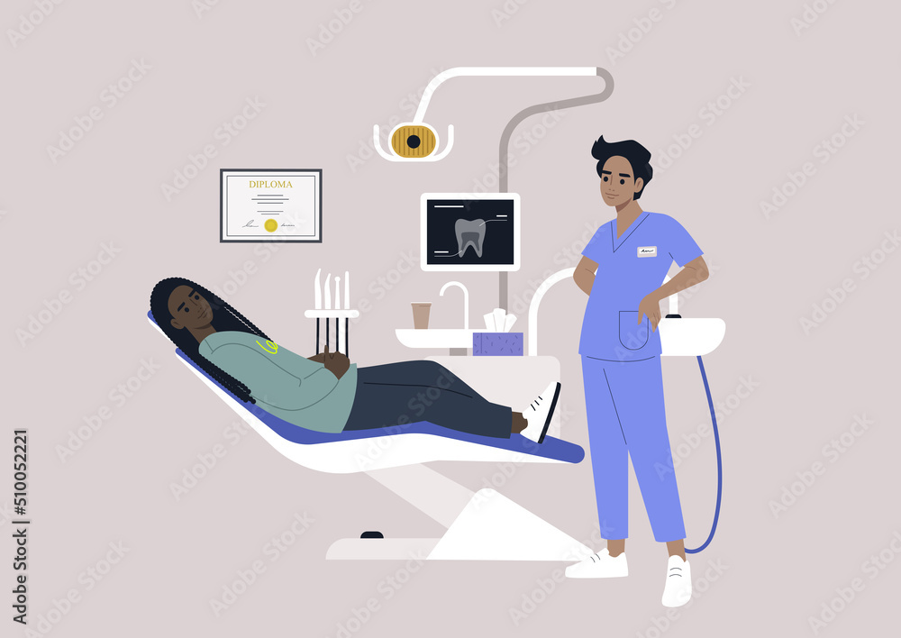 A dentist chair and tools, a monitor with an x-ray image, drills and other instruments in a stomatology cabinet A dentist chair and tools, a monitor with an x-ray image, drills and other instruments in a stomatology cabinet