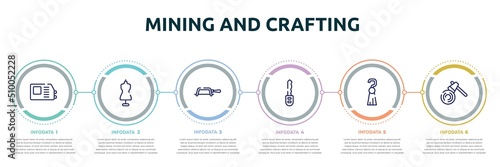 mining and crafting concept infographic design template. included welding hine, tailor, fretsaw, car key, tassel, woodcutter icons and 6 option or steps.