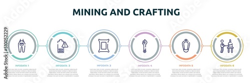 mining and crafting concept infographic design template. included jumpsuit, empty battery, cement, spanner, urinal, glassblowing icons and 6 option or steps.