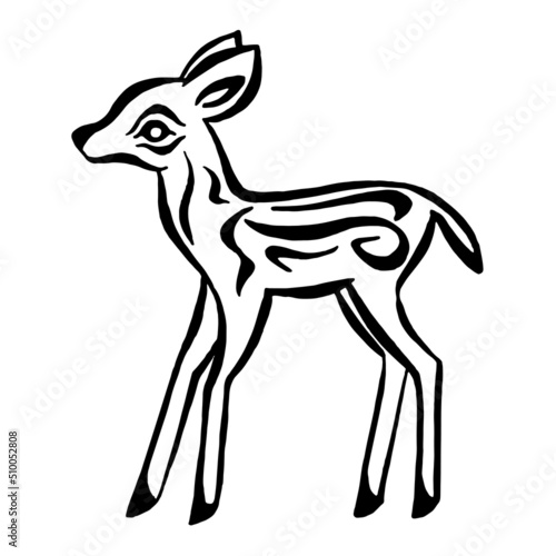 Bamby deer. Little sweet deer. Black  silhouette on a white background. Linear drawing. Hand drawn design elements. Vector illustration.
