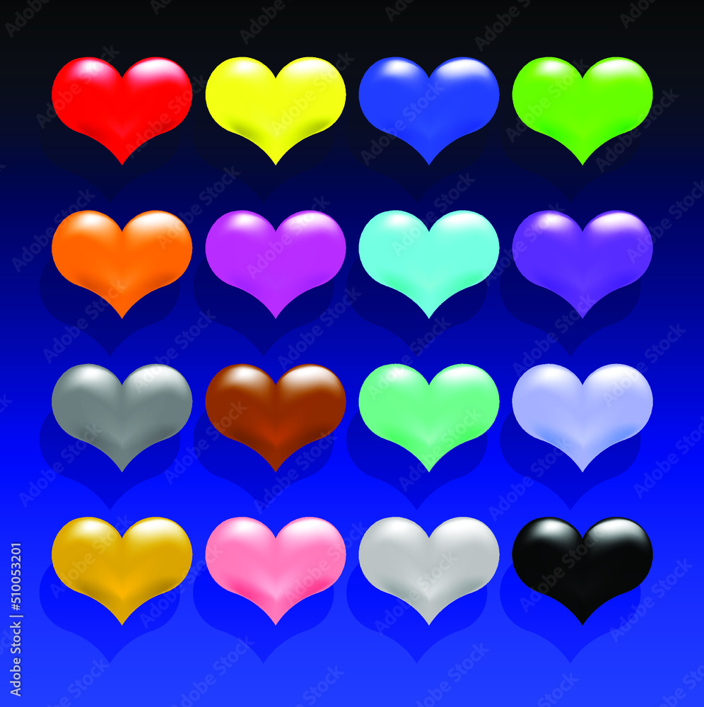 Vector illustration 16 colorful heart symbol each have different color. set of love sign.