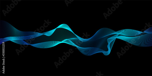 Abstract dark blue background. Vector sound wave lines dynamic in blue green color light flowing isolated on black background for concept of music, sound, technology, energy, modern, science.