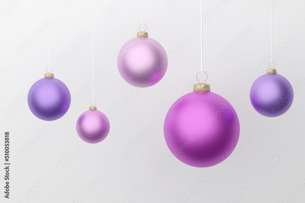 Obraz premium Multiple purple Christmas balls, shiny ornaments on light grey, 3d rendering. concept for happy new year and christmas
