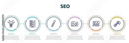 seo concept infographic design template. included server control, hosting server, digital pen, mainboard, video lesson, backlink icons and 6 option or steps.
