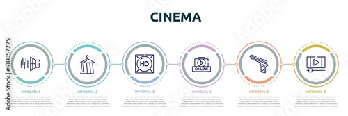 cinema concept infographic design template. included sound effect, dressing room, hd, online movie, hitman, footage icons and 6 option or steps.