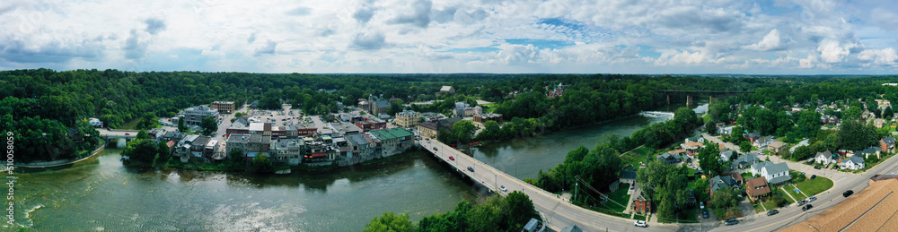Obraz premium Aerial panorama of Paris, Ontario, Canada on a spring morning