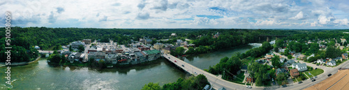 Aerial panorama of Paris, Ontario, Canada on a spring morning