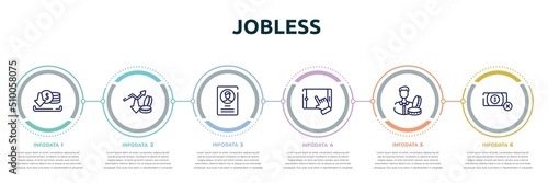 jobless concept infographic design template. included earning, profit growth, accounts, touch screen, accredited, no money icons and 6 option or steps.