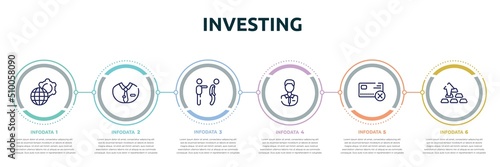 investing concept infographic design template. included official, dress code, fired, shop assistant, no credit card, ingot icons and 6 option or steps.