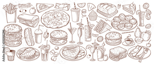 Obraz Zestaw wektorowy z narysowaną ręcznie jedzeniem i napojami