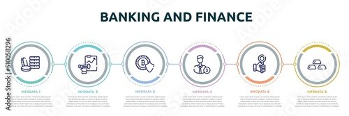 banking and finance concept infographic design template. included money stack, forecast, cryptocurrency, backer, hand up, gold ingots icons and 6 option or steps.