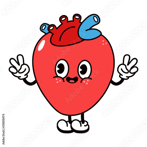 Cute funny heart waving hand character. Vector hand drawn traditional cartoon vintage, retro, kawaii character illustration icon. Isolated on white background. Heart character concept