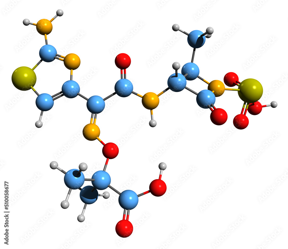 3D image of Aztreonam skeletal formula - molecular chemical structure of antibiotic isolated on white background
3D image of Aztreonam skeletal formula - molecular chemical structure of antibiotic isolated on white background