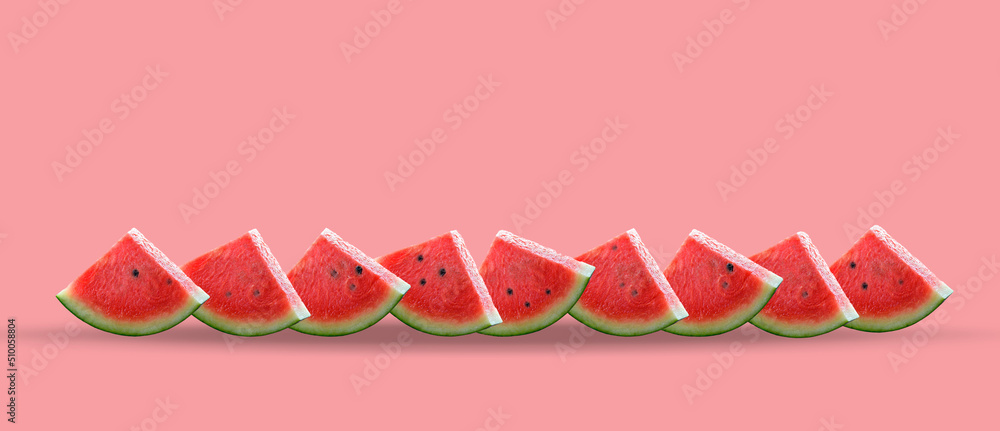 Watermelon. Composition of sliced watermelon slices on a pink background, banner, postcard. Watermelon. Composition of sliced watermelon slices on a pink background, banner, postcard.