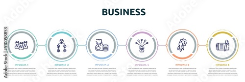 business concept infographic design template. included time management, officer, instructions, hierarchy structure, contact list, enquiry icons and 6 option or steps.