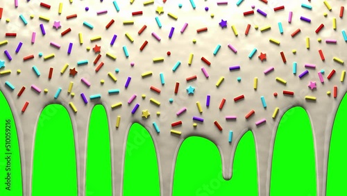 Cream icing with sprinkles drips on green screen and transparent background. Liquid flowing down the surface in streams, melting drops create streaks. 3D animation. Alpha channel ProRes 4444 in 4k UHD