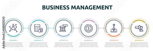 business management concept infographic design template. included decentralized, budgeting, bank rate, dollar coin, anonymity, cooperate icons and 6 option or steps.