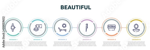beautiful concept infographic design template. included luxury watch, watching, sun and deck chair, hairbrush, solarium, powder and mirror icons and 6 option or steps.