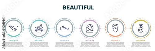 beautiful concept infographic design template. included shave blade, soup, pair of sneakers, curly hair, hipster beard, hair spray bottle icons and 6 option or steps.