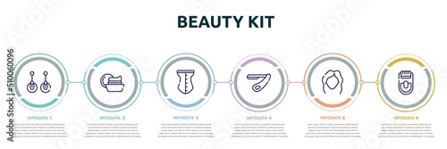 beauty kit concept infographic design template. included two earrings, facial cream, cor, straight razor, women makeup, epilador icons and 6 option or steps.