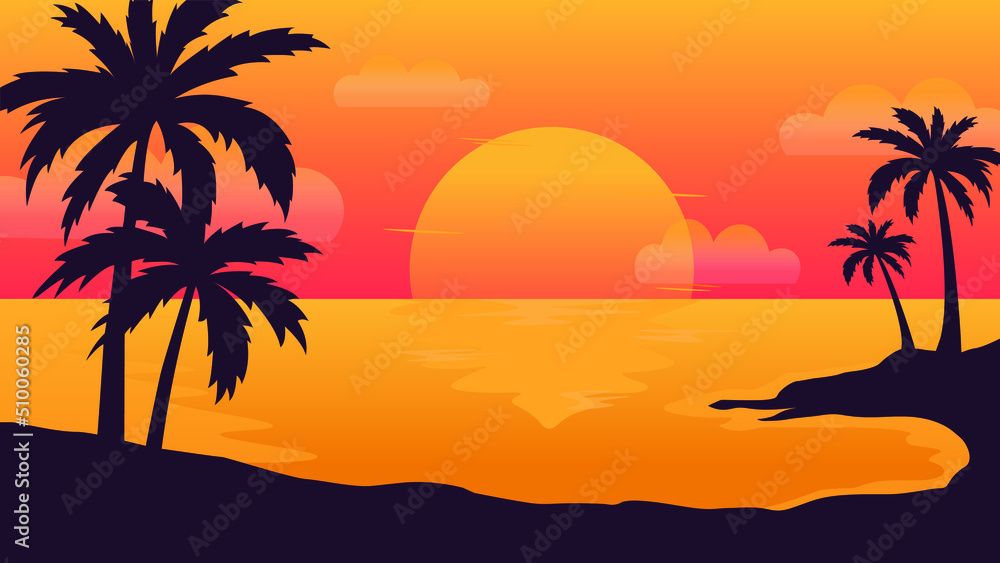 Sunset beach mountain coconut landscape vector illustration