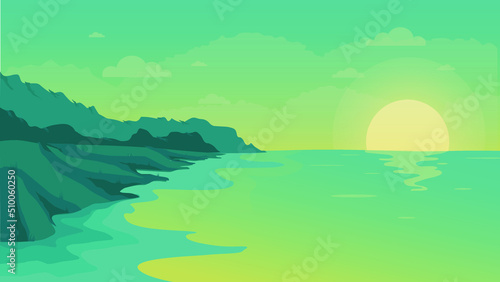 Green mountain beach landscape vector design illustration
