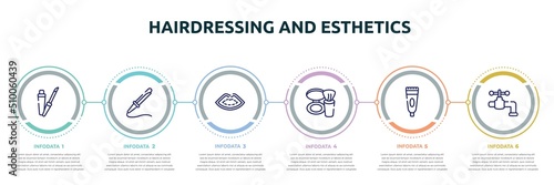 hairdressing and esthetics concept infographic design template. included lip gloss, curling, lip, blush, tooth paste, faucet icons and 6 option or steps.