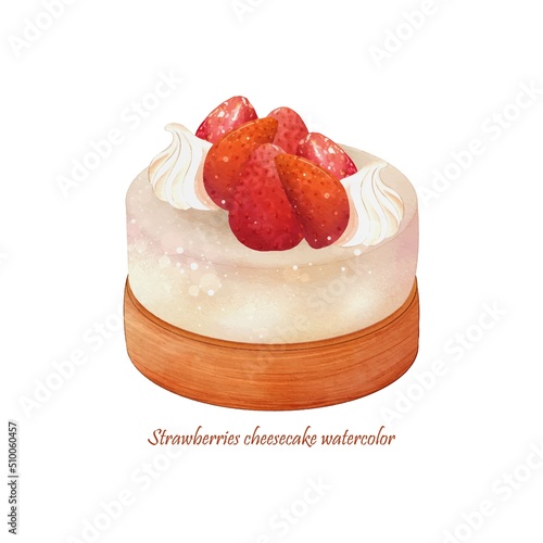 Watercolor of strawberries cheesecake vector on white background