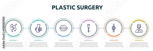 plastic surgery concept infographic design template. included sex reas, curl, lip augmentation, nail brush, wrist watch, surgeon icons and 6 option or steps.