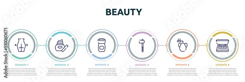 beauty concept infographic design template. included gluteus, skin care, epilator, ax, hair transplant, eye shadow icons and 6 option or steps.