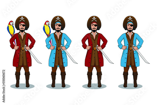 Senior one eye pirate captain dress in or costume in uniform with sword with and without macaw big parrot bird drawing in color vector
