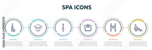 spa icons concept infographic design template. included concealer, asian, lima, weighing scale, suspenders, relaxing icons and 6 option or steps.