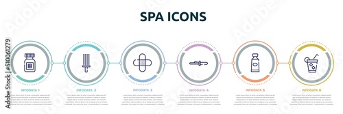spa icons concept infographic design template. included proteins, circular comb, band aid, curling tongs, toothpaste, ice tea icons and 6 option or steps.