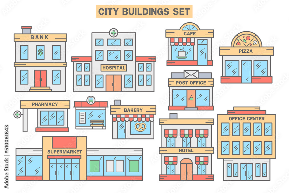 City buildings set. Urban architecture elements. Bank, hospital, cafe, pizza, pharmacy, bus stop, bakery, post office, hotel and suprrmarket. Vector illustration EPS 10.