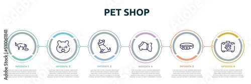 pet shop concept infographic design template. included feeding the dog, hedgehog head, cone of shame, pet dress, dog collar, pet first aid icons and 6 option or steps.