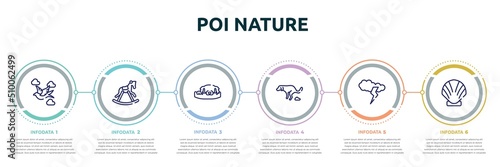 poi nature concept infographic design template. included null, horse rocker black, dog resting, dog shitting, cloud and lightnings, seashell icons and 6 option or steps.
