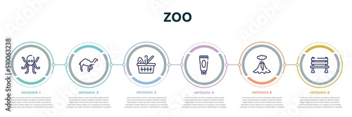zoo concept infographic design template. included octopus, dromedary, picnic basket, sun cream, volcano, bench icons and 6 option or steps.